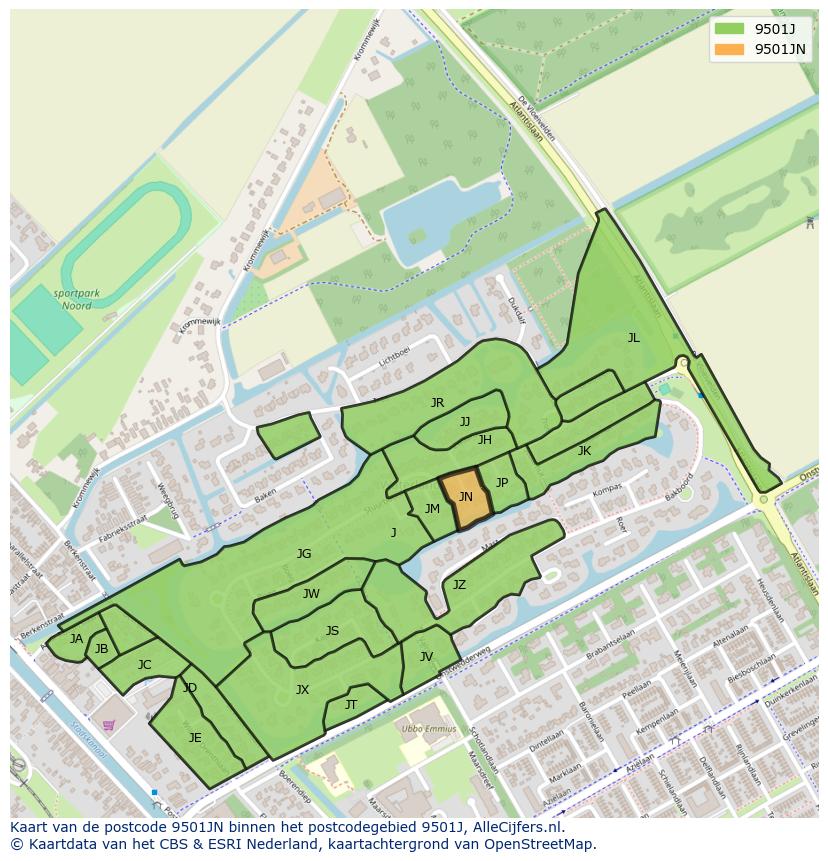 Afbeelding van het postcodegebied 9501 JN op de kaart.