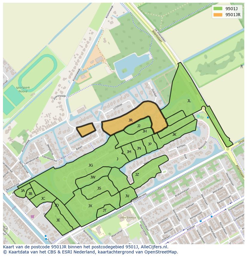 Afbeelding van het postcodegebied 9501 JR op de kaart.