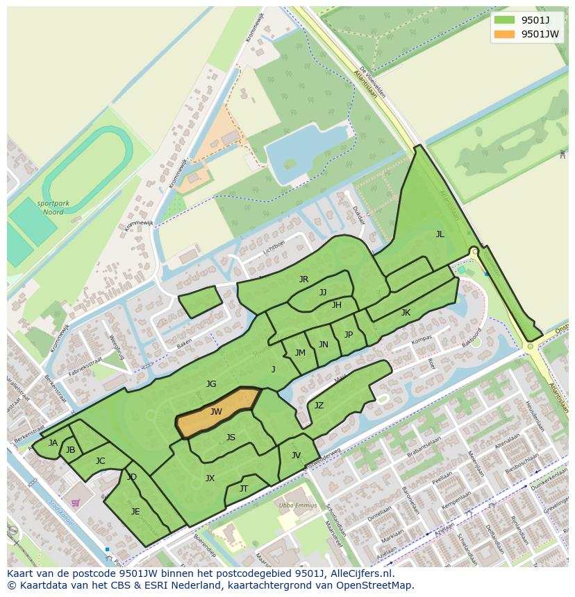 Afbeelding van het postcodegebied 9501 JW op de kaart.