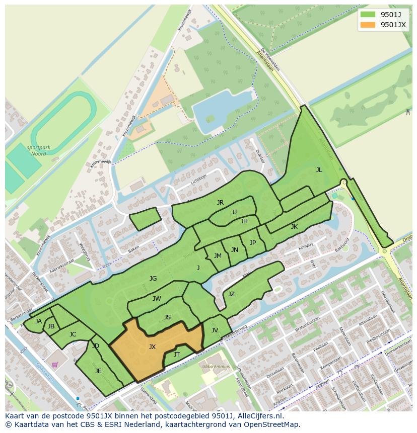 Afbeelding van het postcodegebied 9501 JX op de kaart.