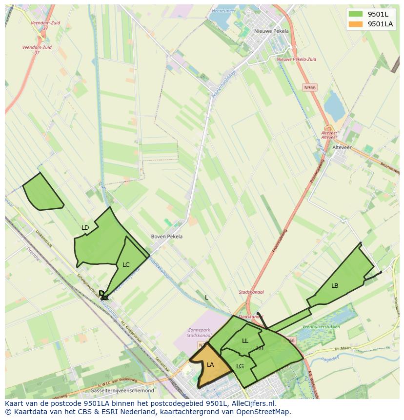 Afbeelding van het postcodegebied 9501 LA op de kaart.