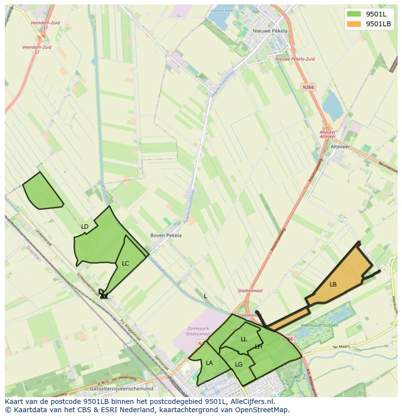 Afbeelding van het postcodegebied 9501 LB op de kaart.
