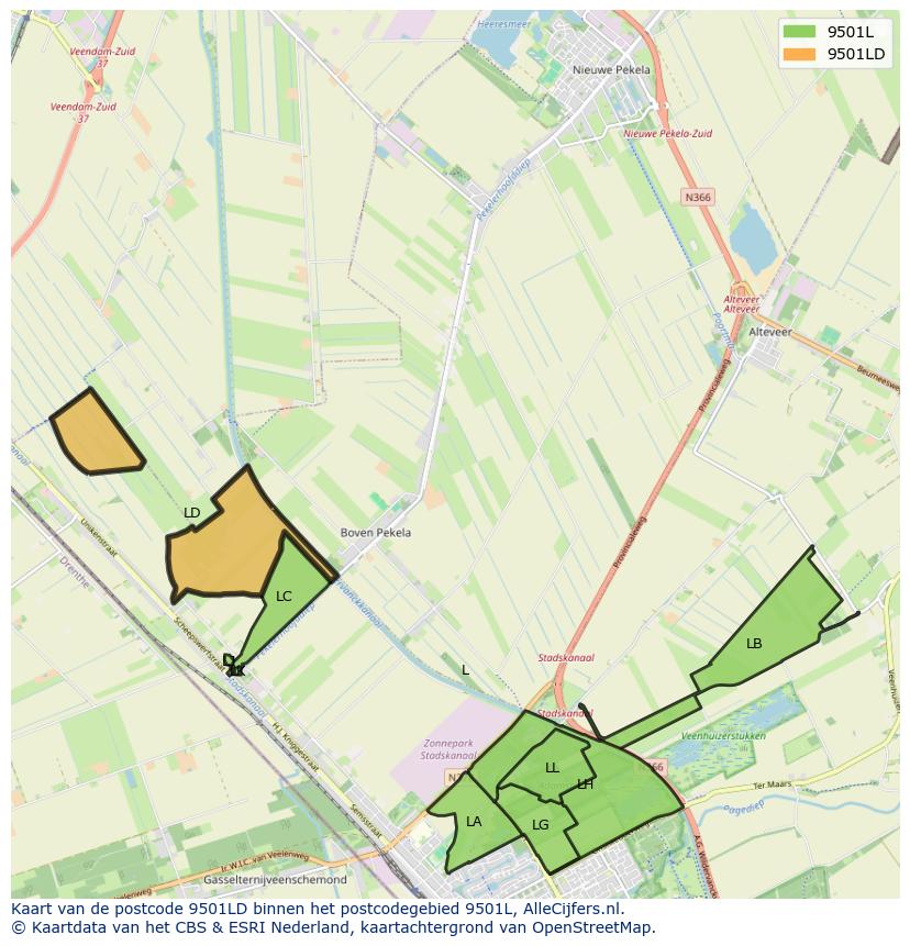 Afbeelding van het postcodegebied 9501 LD op de kaart.