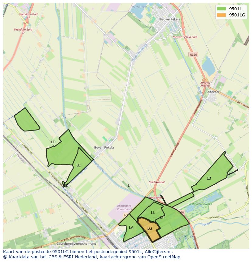 Afbeelding van het postcodegebied 9501 LG op de kaart.