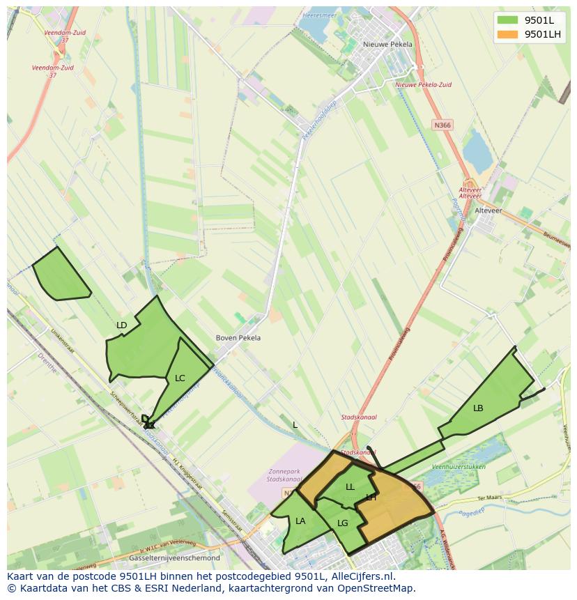 Afbeelding van het postcodegebied 9501 LH op de kaart.