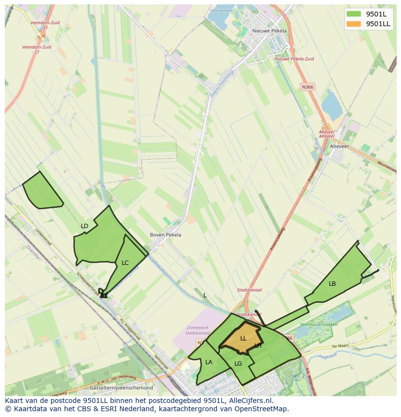 Afbeelding van het postcodegebied 9501 LL op de kaart.