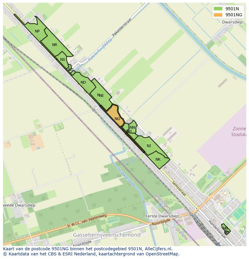 Afbeelding van het postcodegebied 9501 NG op de kaart.