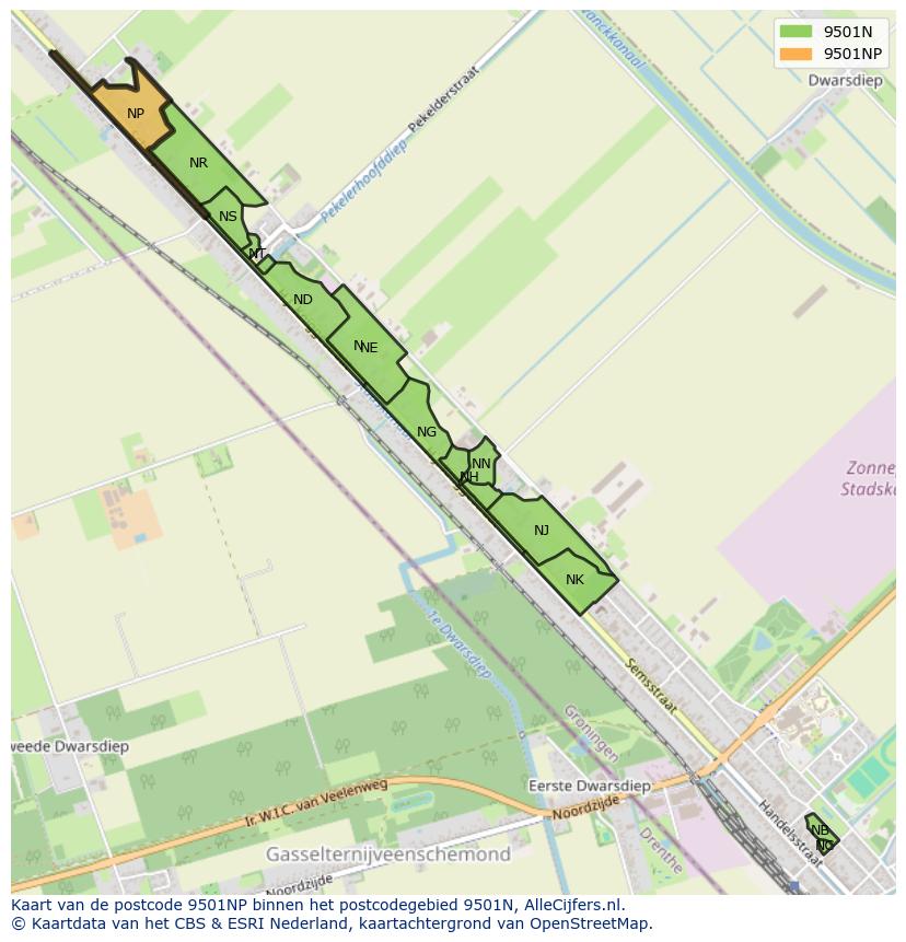 Afbeelding van het postcodegebied 9501 NP op de kaart.