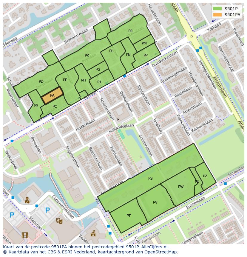 Afbeelding van het postcodegebied 9501 PA op de kaart.