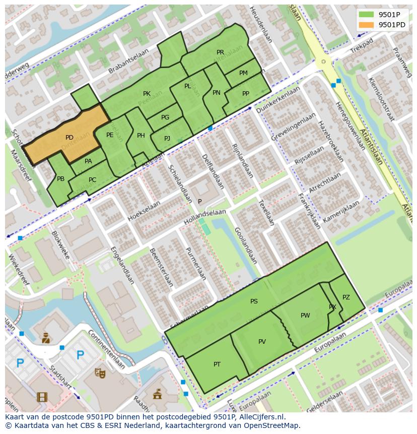 Afbeelding van het postcodegebied 9501 PD op de kaart.