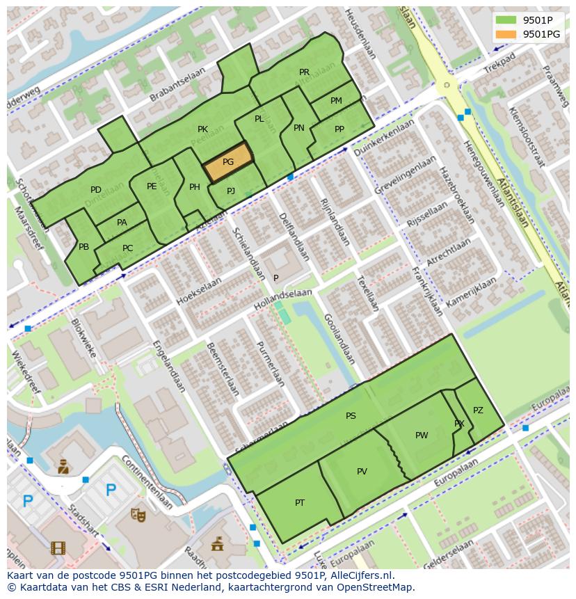 Afbeelding van het postcodegebied 9501 PG op de kaart.