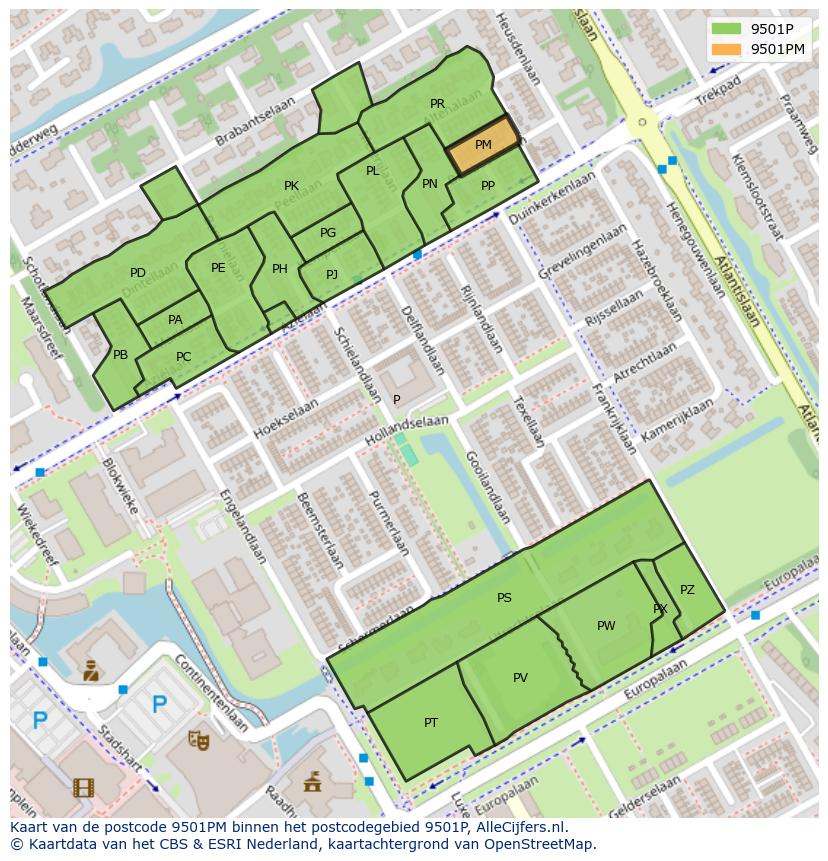 Afbeelding van het postcodegebied 9501 PM op de kaart.