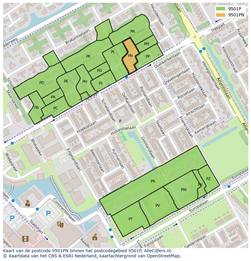 Afbeelding van het postcodegebied 9501 PN op de kaart.