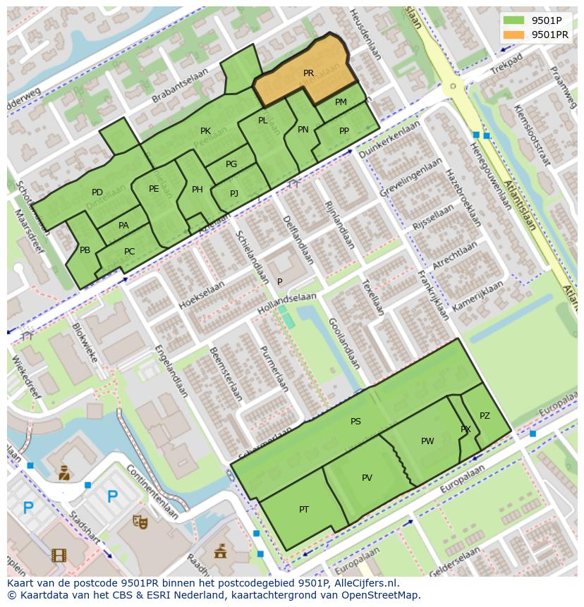 Afbeelding van het postcodegebied 9501 PR op de kaart.