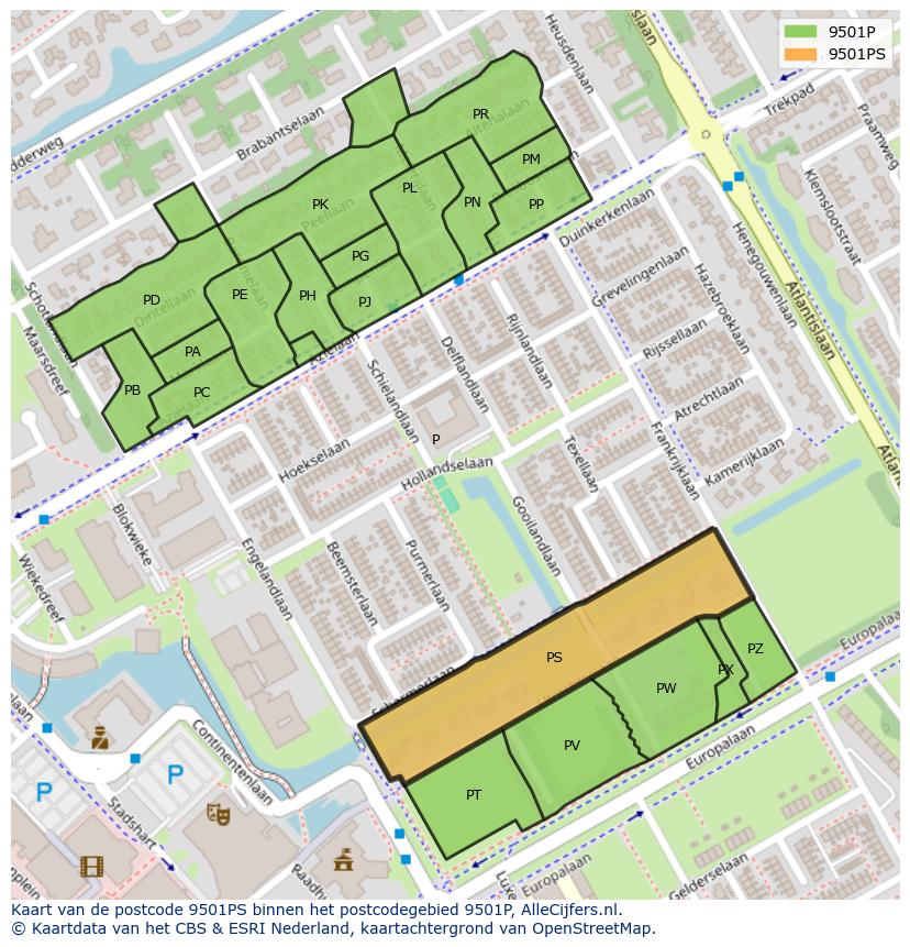 Afbeelding van het postcodegebied 9501 PS op de kaart.
