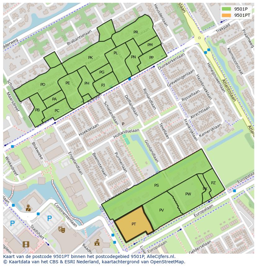 Afbeelding van het postcodegebied 9501 PT op de kaart.