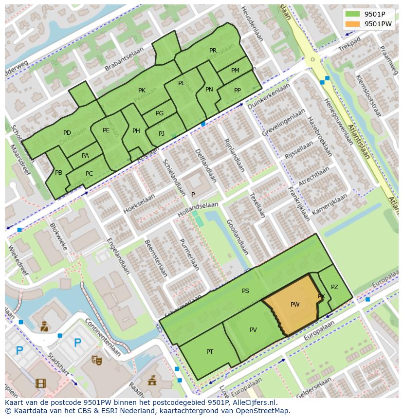 Afbeelding van het postcodegebied 9501 PW op de kaart.