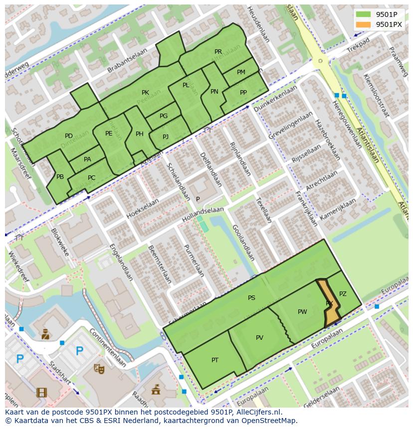 Afbeelding van het postcodegebied 9501 PX op de kaart.