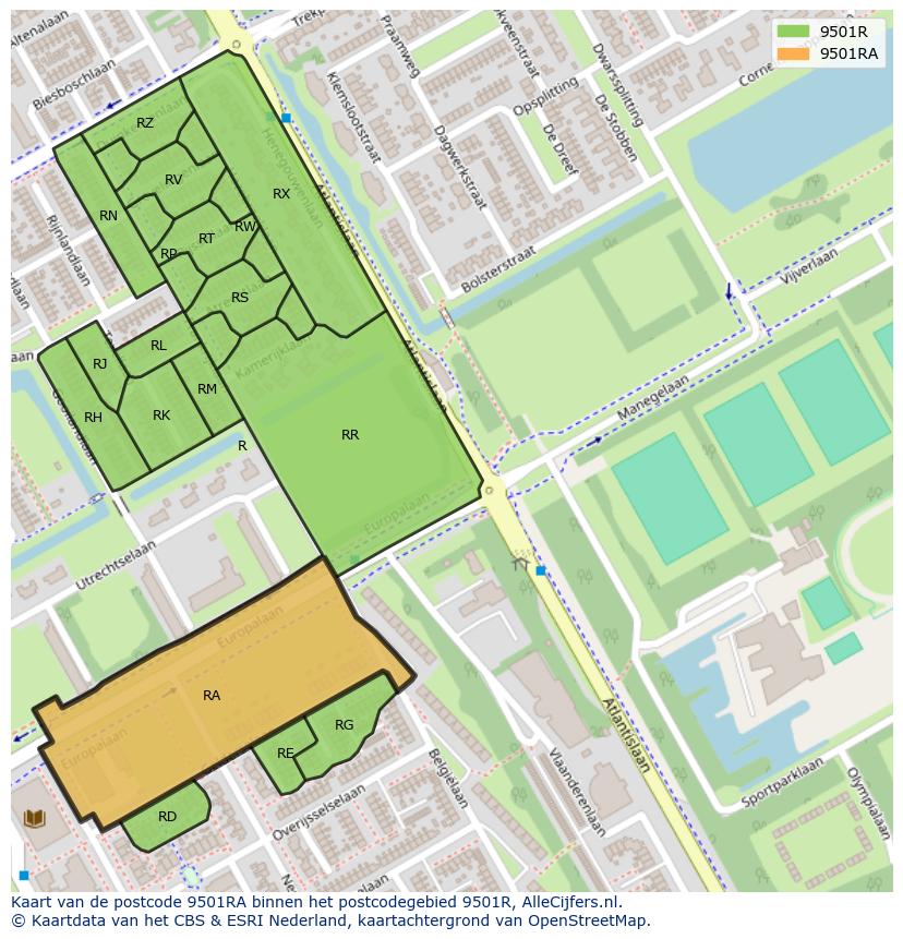 Afbeelding van het postcodegebied 9501 RA op de kaart.