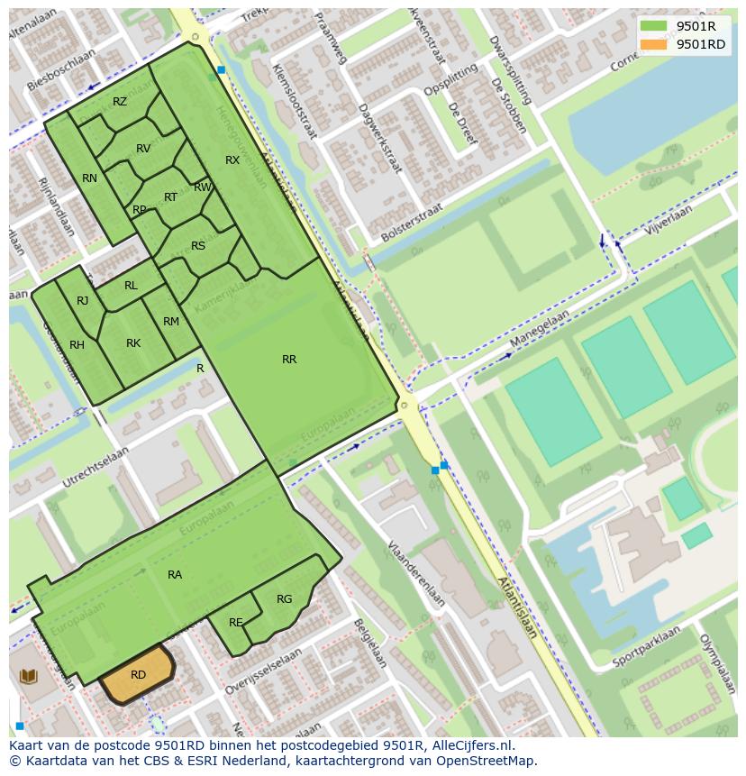 Afbeelding van het postcodegebied 9501 RD op de kaart.