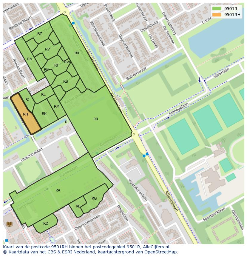 Afbeelding van het postcodegebied 9501 RH op de kaart.