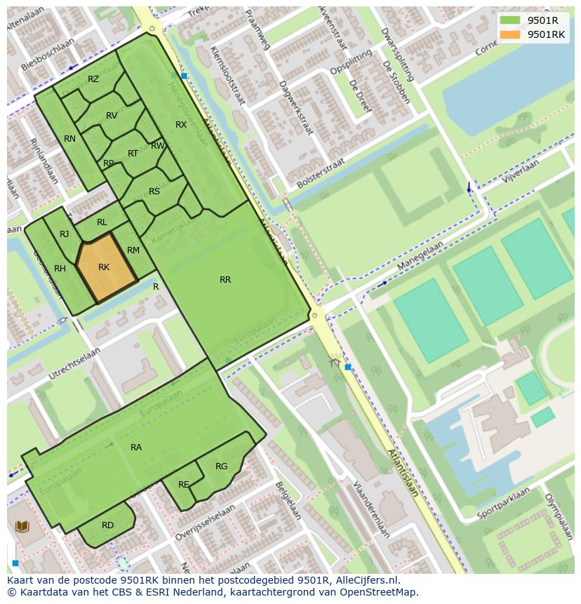 Afbeelding van het postcodegebied 9501 RK op de kaart.
