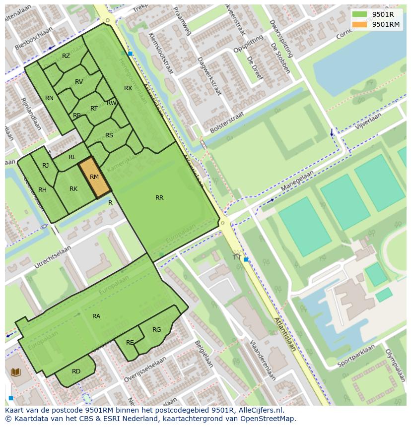 Afbeelding van het postcodegebied 9501 RM op de kaart.