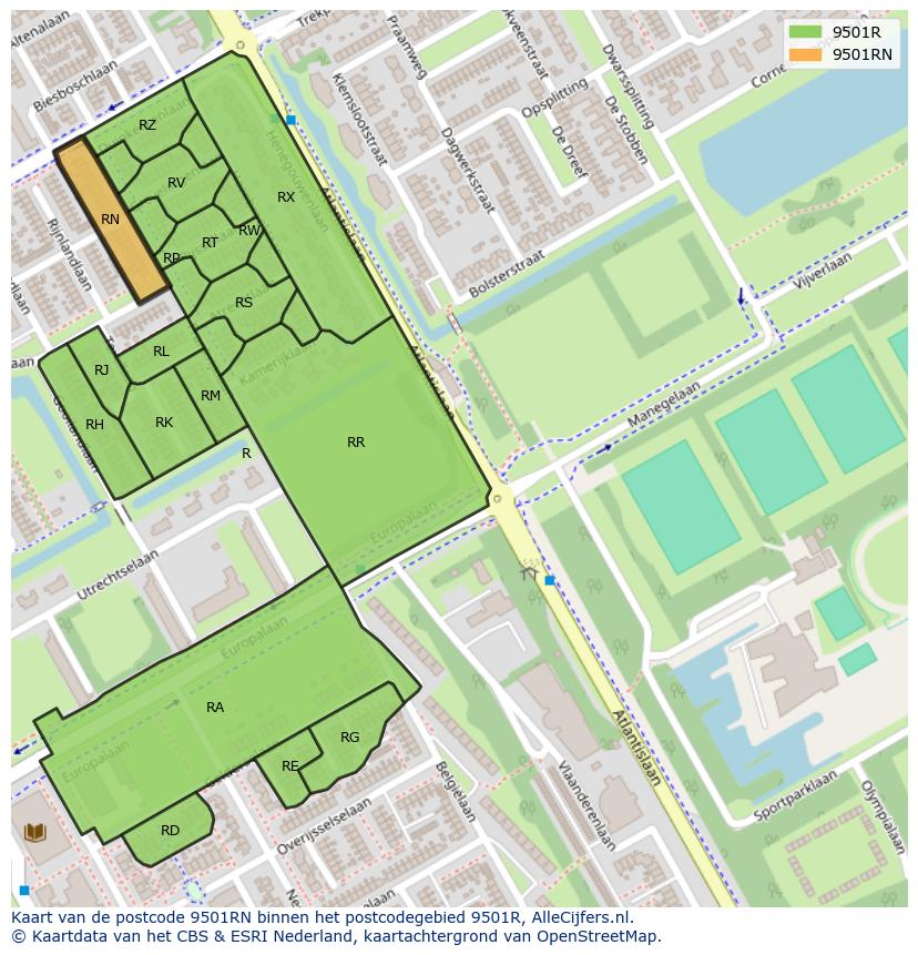 Afbeelding van het postcodegebied 9501 RN op de kaart.