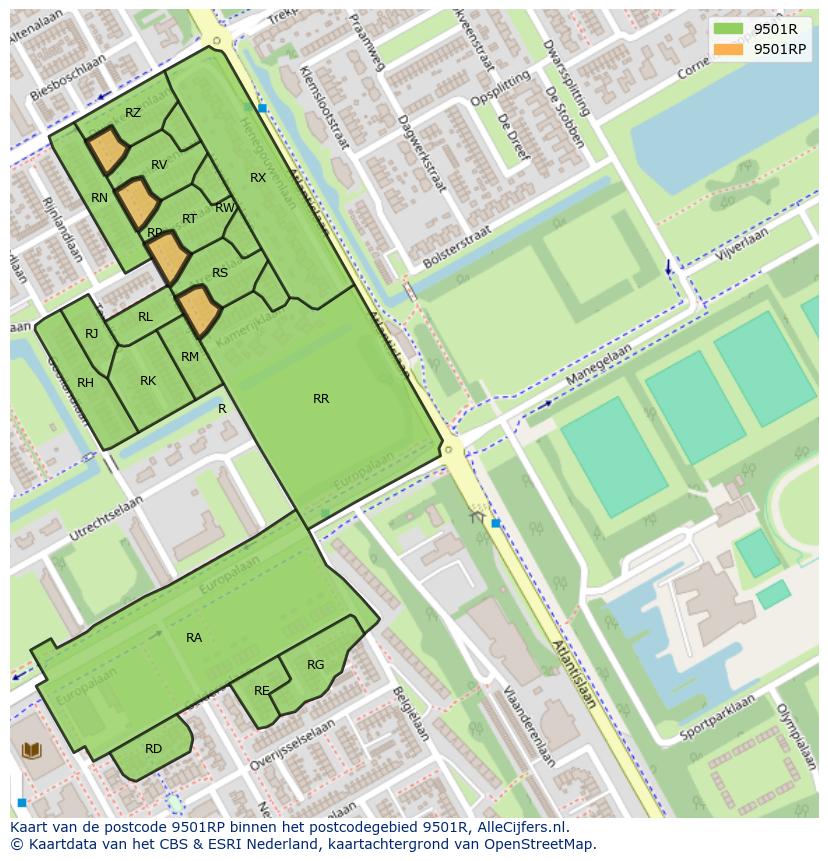 Afbeelding van het postcodegebied 9501 RP op de kaart.
