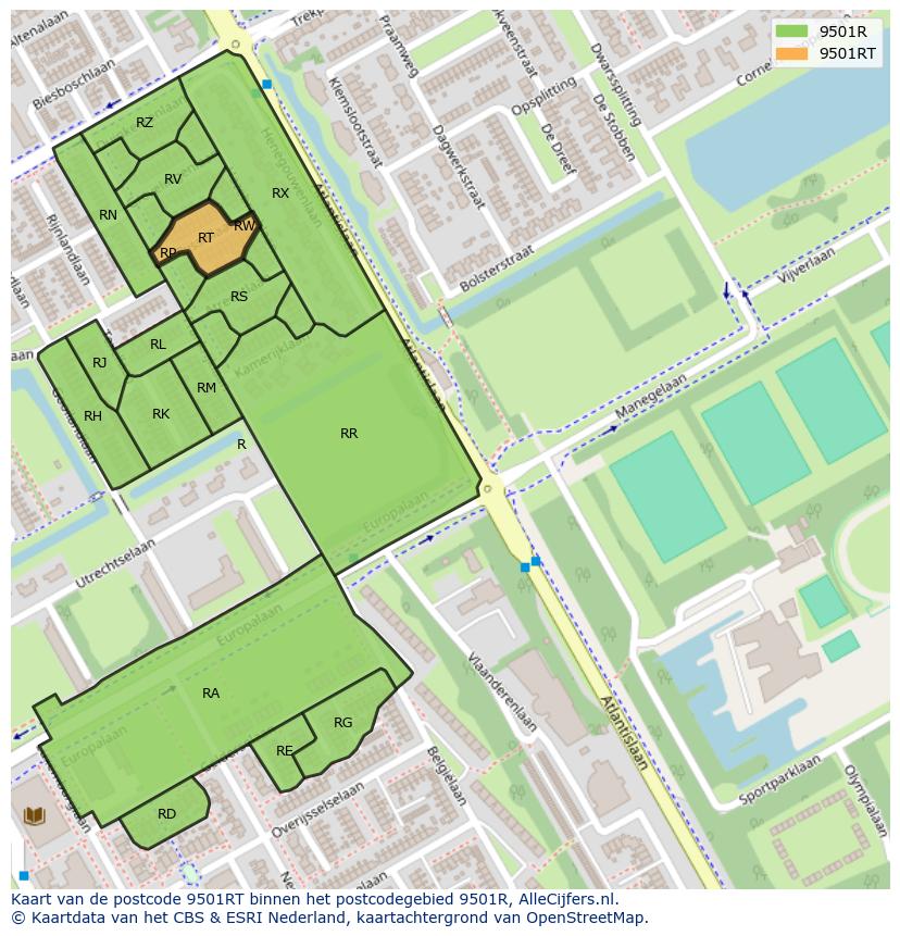 Afbeelding van het postcodegebied 9501 RT op de kaart.