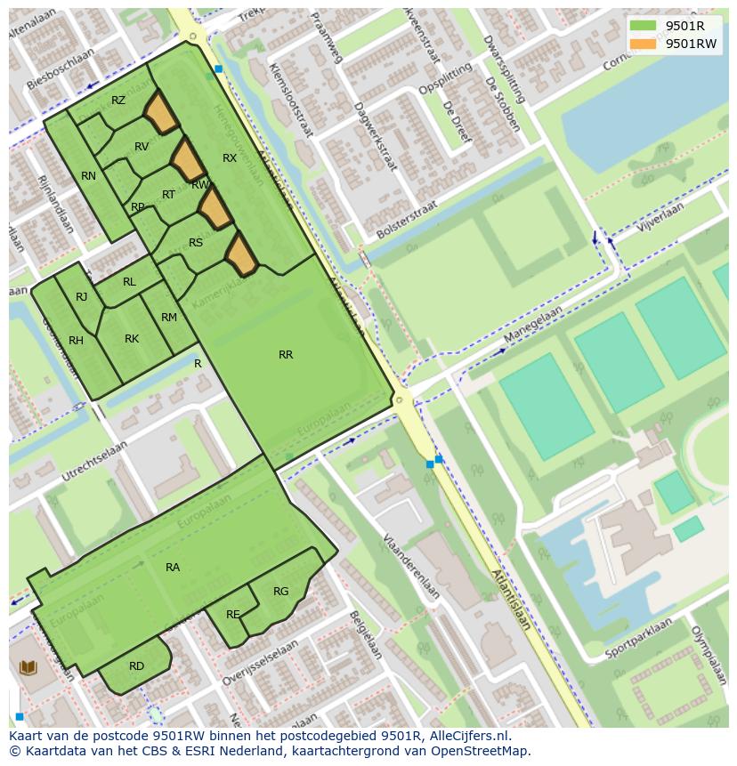Afbeelding van het postcodegebied 9501 RW op de kaart.
