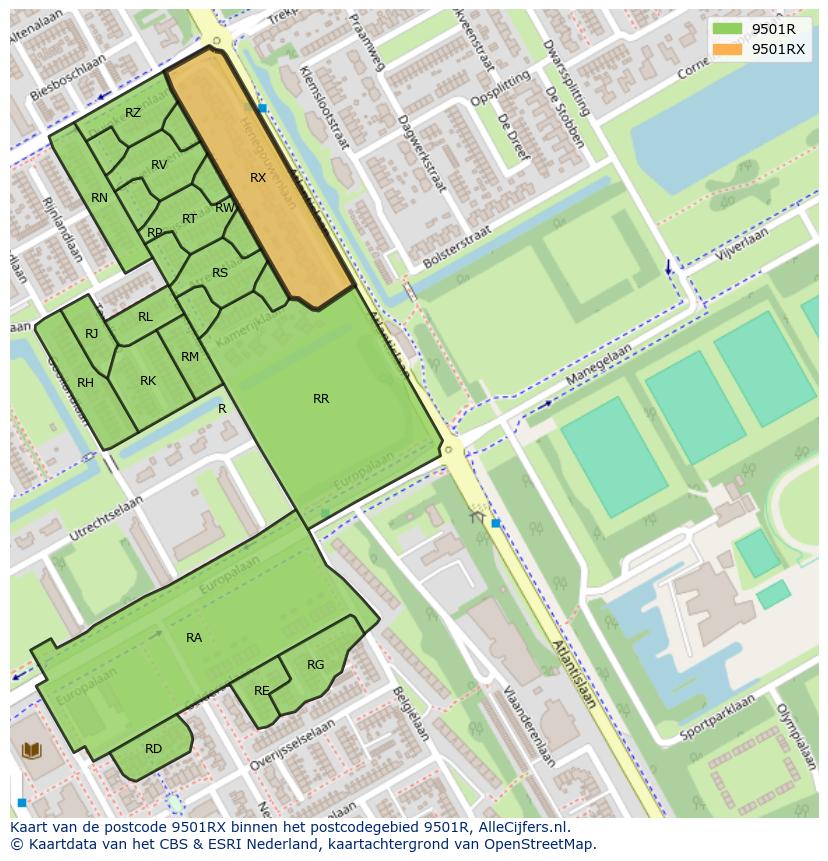 Afbeelding van het postcodegebied 9501 RX op de kaart.