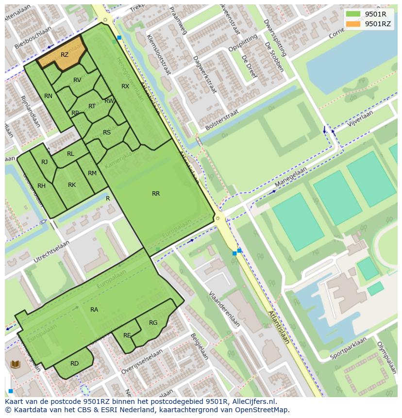 Afbeelding van het postcodegebied 9501 RZ op de kaart.