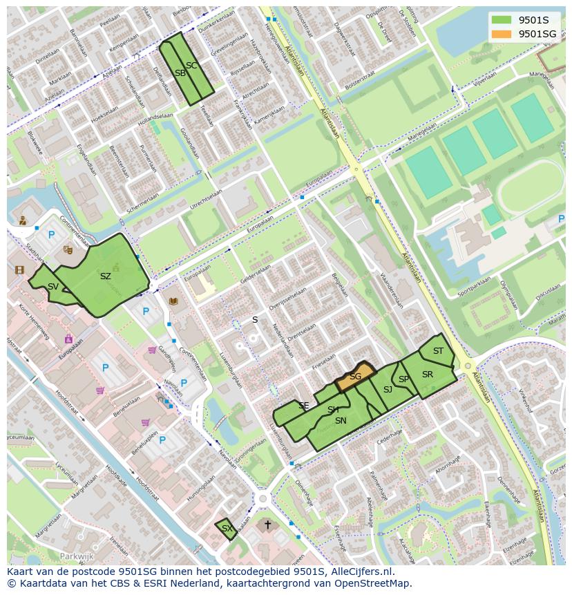 Afbeelding van het postcodegebied 9501 SG op de kaart.