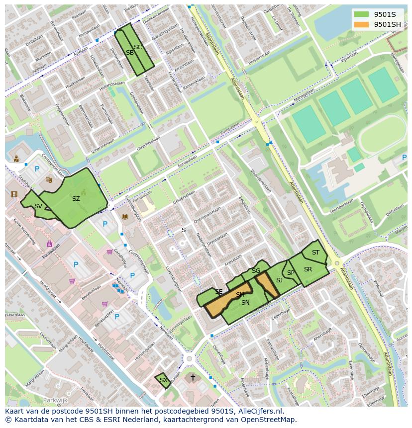 Afbeelding van het postcodegebied 9501 SH op de kaart.