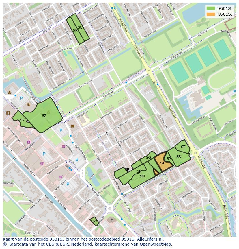 Afbeelding van het postcodegebied 9501 SJ op de kaart.