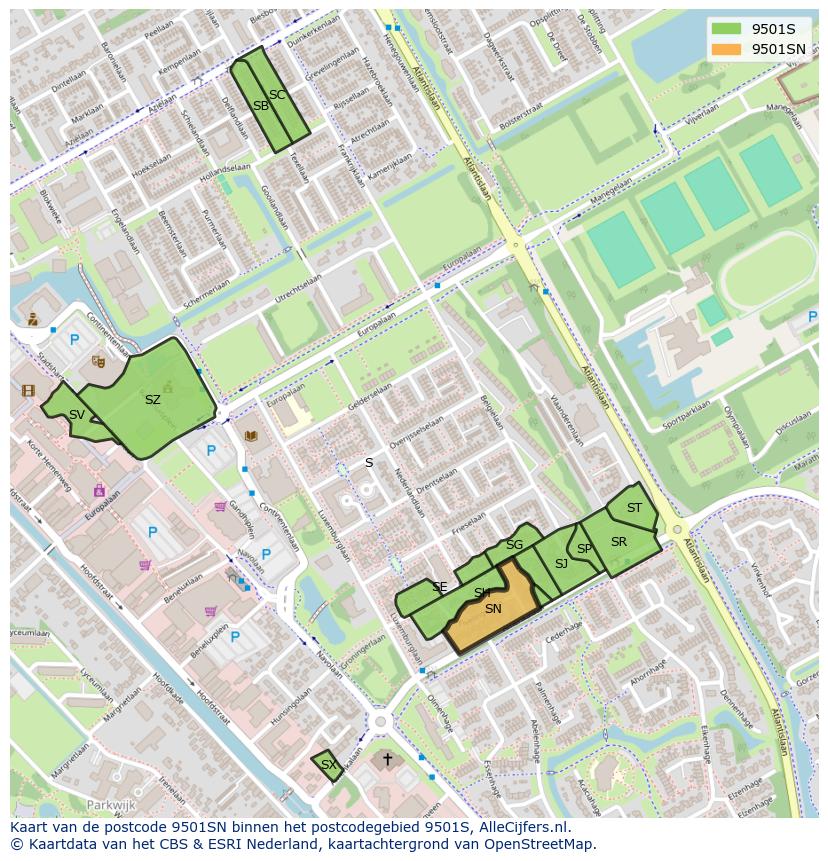 Afbeelding van het postcodegebied 9501 SN op de kaart.