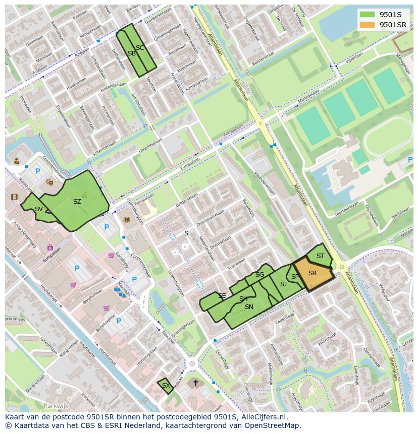 Afbeelding van het postcodegebied 9501 SR op de kaart.
