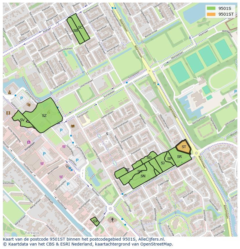 Afbeelding van het postcodegebied 9501 ST op de kaart.