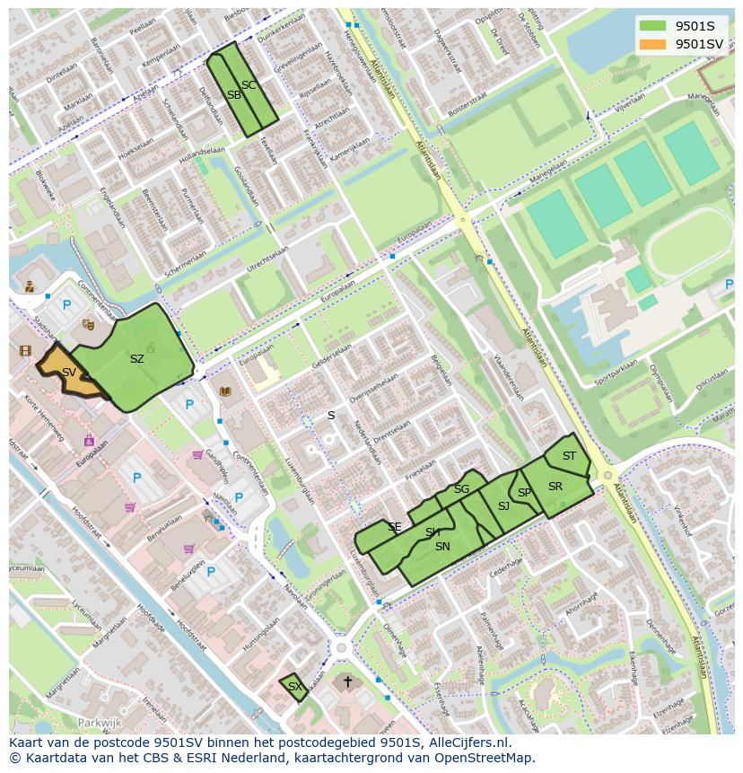 Afbeelding van het postcodegebied 9501 SV op de kaart.