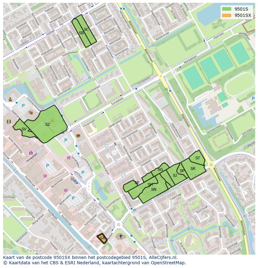 Afbeelding van het postcodegebied 9501 SX op de kaart.