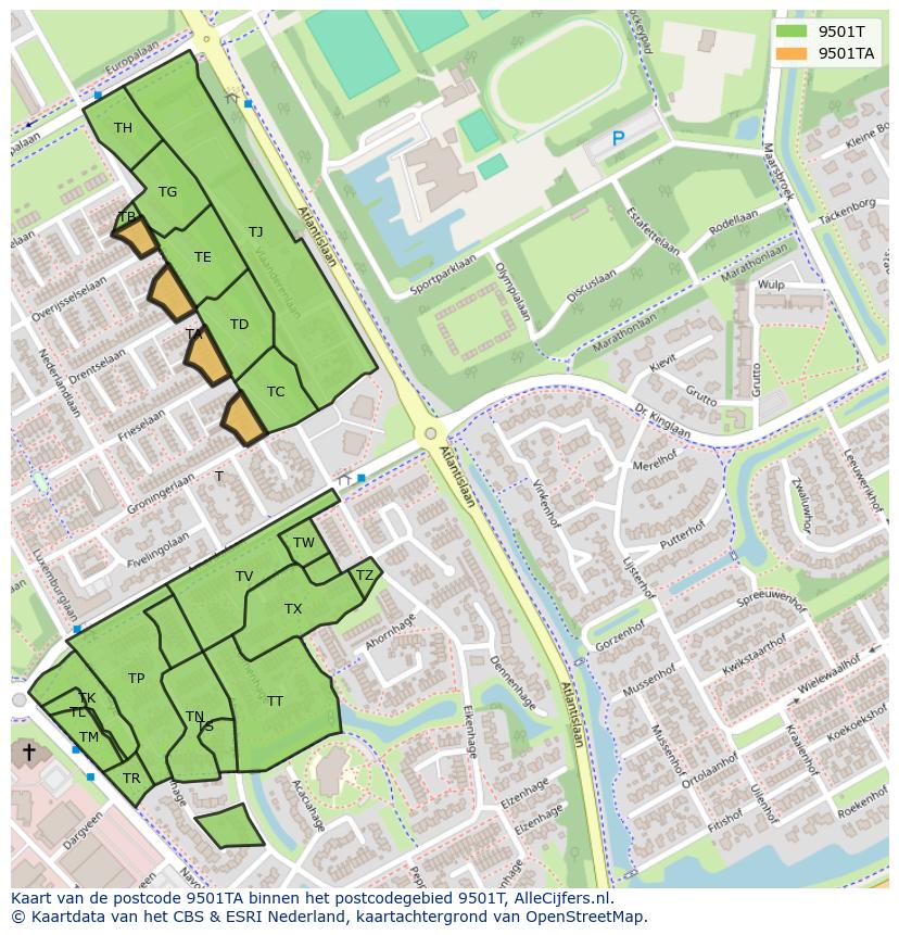 Afbeelding van het postcodegebied 9501 TA op de kaart.