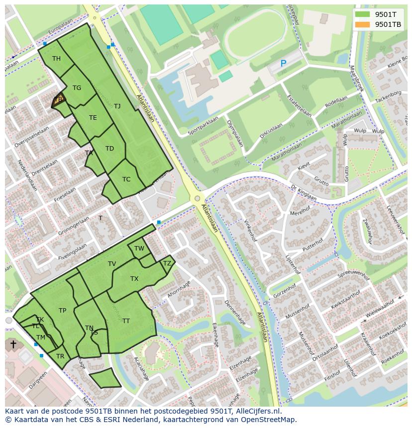Afbeelding van het postcodegebied 9501 TB op de kaart.