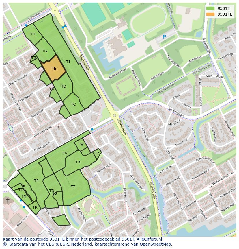 Afbeelding van het postcodegebied 9501 TE op de kaart.