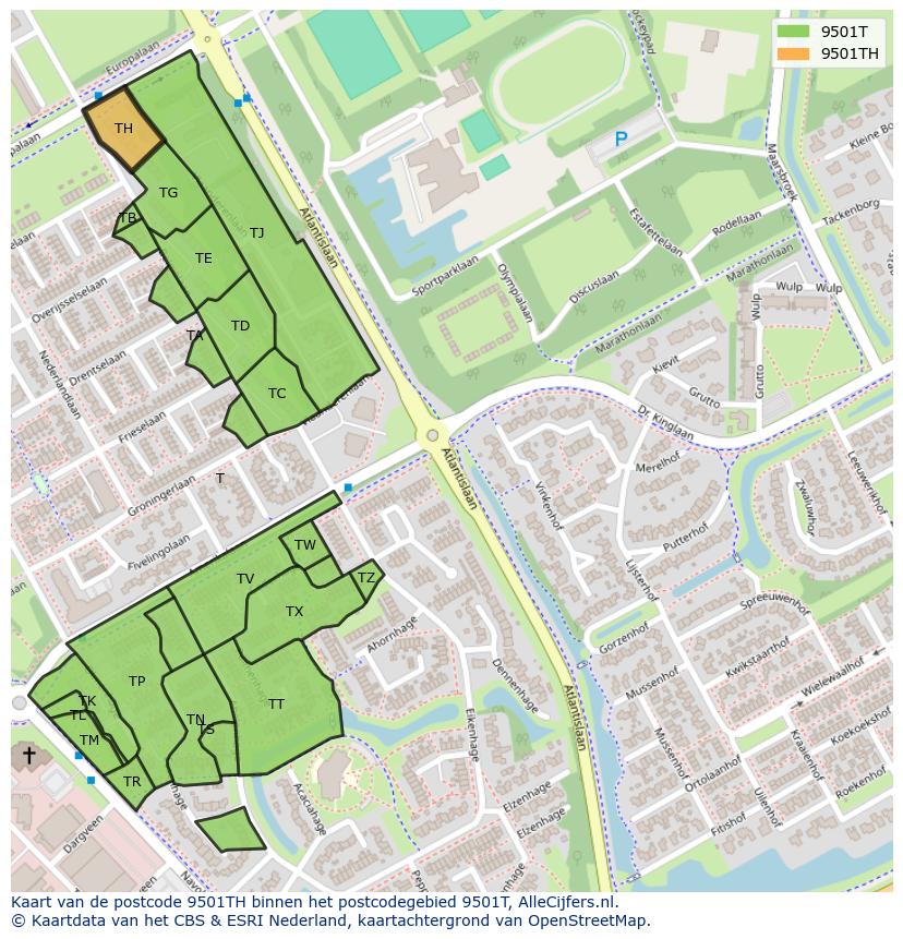 Afbeelding van het postcodegebied 9501 TH op de kaart.