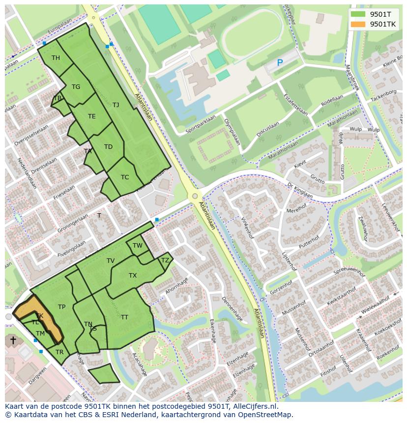 Afbeelding van het postcodegebied 9501 TK op de kaart.