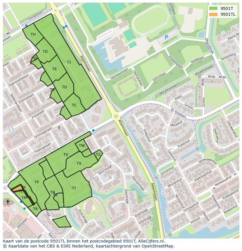 Afbeelding van het postcodegebied 9501 TL op de kaart.