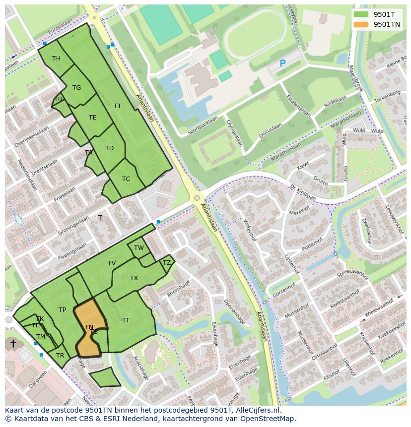 Afbeelding van het postcodegebied 9501 TN op de kaart.