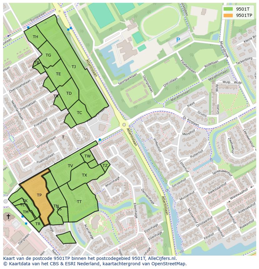 Afbeelding van het postcodegebied 9501 TP op de kaart.