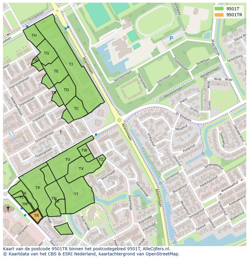 Afbeelding van het postcodegebied 9501 TR op de kaart.